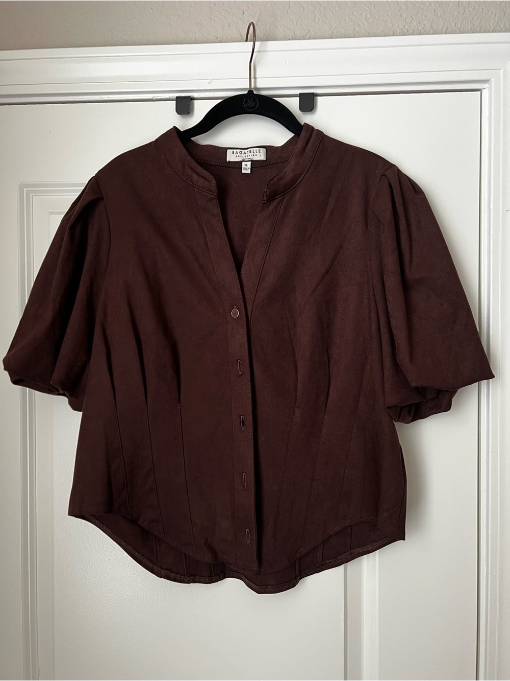 bagatelle Chocolate Brown Puff-Sleeve Button Front Blouse